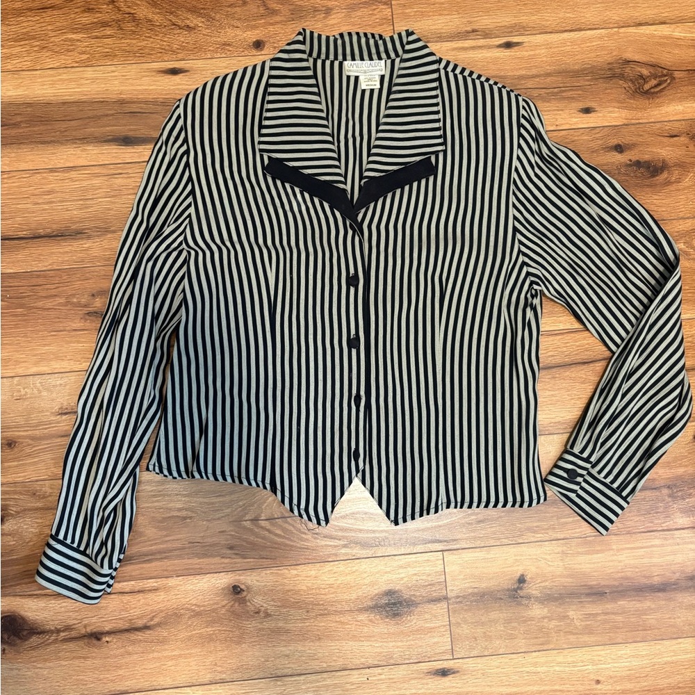 Striped Button-Front Blouse - Black & Cream